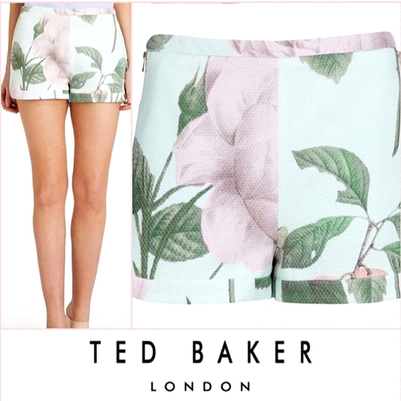 Ted Baker Denyse Distinguishing Rose Shorts Mint Green Floral Textured Cotton - Picture 1 of 16